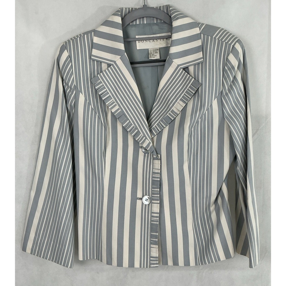 Doncaster Striped Blazer Jacket Womens 10 White Gray Cotton Nautical 3-Button